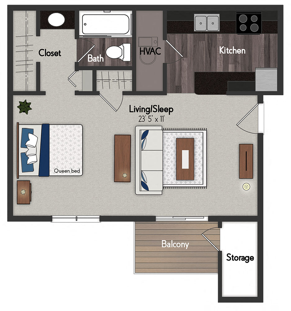 Floor plan for studio, 1 bath, 500 sqft